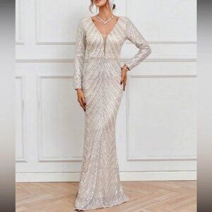 Luxe V neck long sleeve party formal evening sequins gown dress